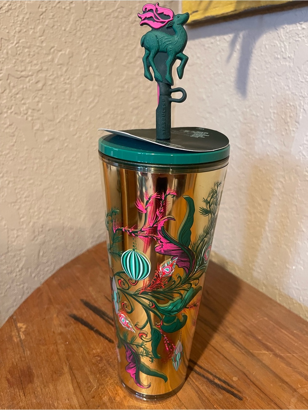 Starbucks Gold Travel Tumbler with Green Lid and Pink Accents